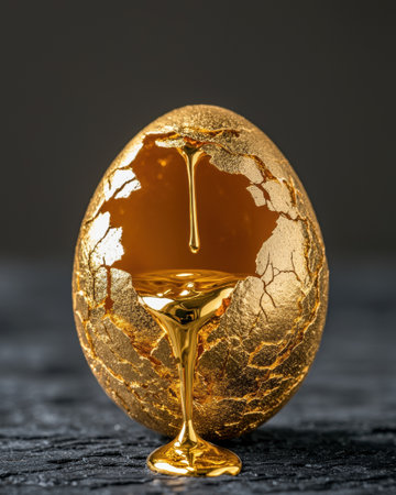 golden cracked egg with flowing honeyの素材
