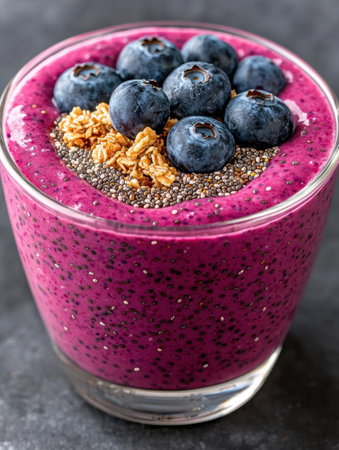 Healthy breakfast smoothie bowl with blueberries and chia seedsの素材