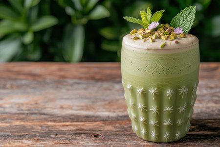 Refreshing matcha green tea smoothie with whipped cream and pistachiosの素材