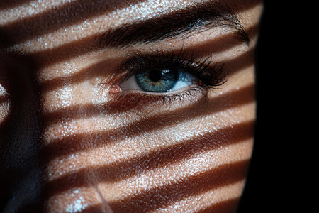 Closeup of a person's eye with dramatic lighting and water dropletsの素材