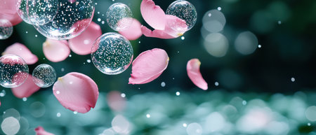 Sparkling glass spheres and pink flower petalsの素材