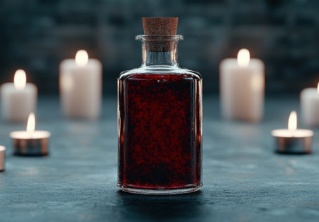 Mysterious glass bottle with dark red liquidの素材