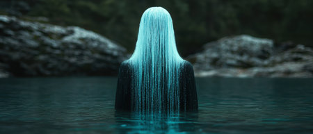 Mysterious figure emerging from dark watersの素材