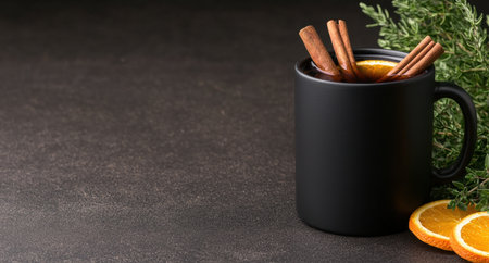 Cozy winter drink with cinnamon sticks and orange slicesの素材