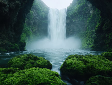Majestic waterfall cascading through lush green forestの素材