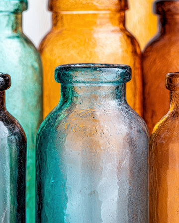 Vintage glass bottles in various colorsの素材