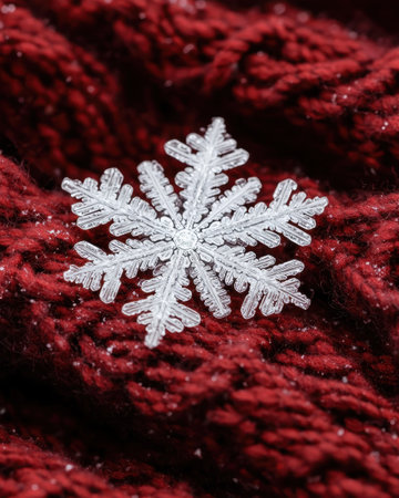Intricate snowflake on a red backgroundの素材