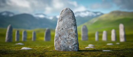 ancient stone monoliths in a serene landscapeの素材
