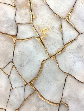 Cracked marble surface with golden veinsの素材