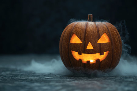 Spooky jack-o-lantern with glowing eyes and smokeの素材