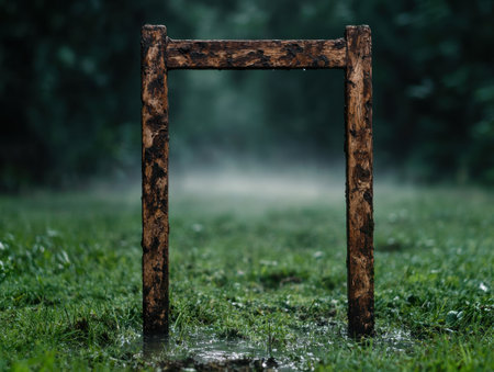 Rustic wooden frame in lush green meadowの素材