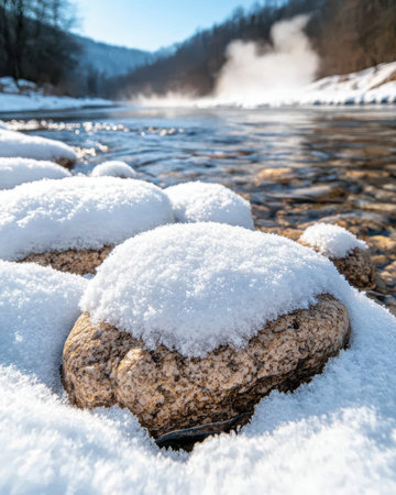 Snowy rocks by a frozen riverの素材