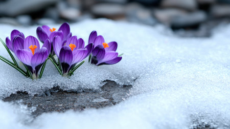 purple crocus flowers blooming through snowの素材