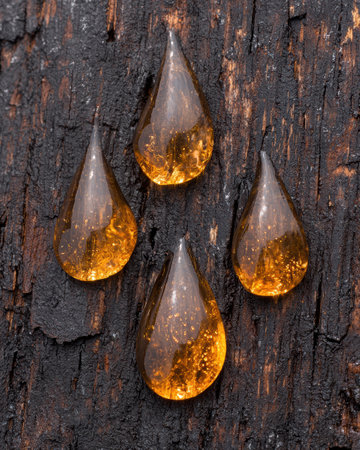 Amber-colored resin droplets on a dark wooden surfaceの素材