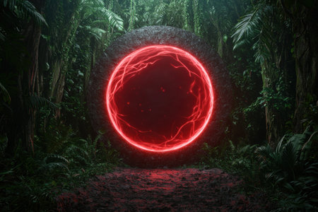 Glowing red portal in mystical jungle landscapeの素材