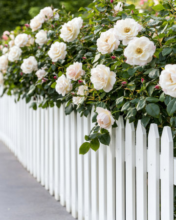 Beautiful white roses blooming along a white picket fenceの素材