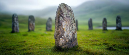 ancient stone monoliths in a foggy fieldの素材
