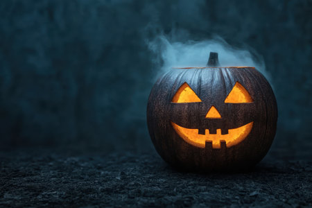 Spooky jack-o-lantern with glowing eyes and smokeの素材