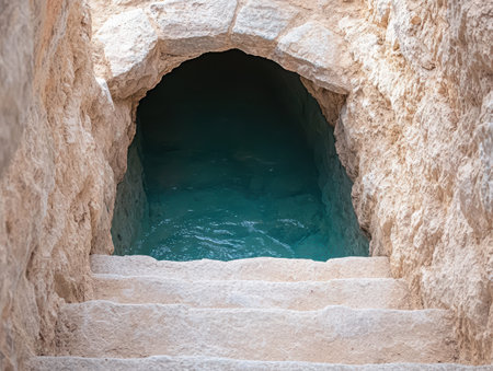 Mysterious cave entrance with turquoise waterの素材