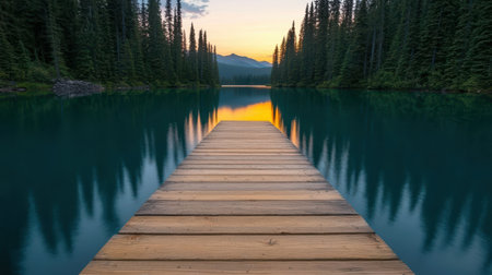 Serene mountain lake with wooden dock at sunsetの素材