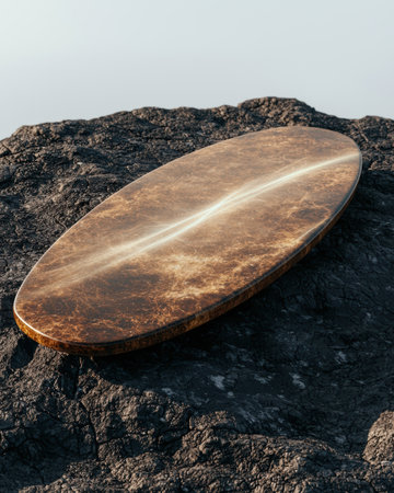 Unique wooden surfboard on rocky terrainの素材