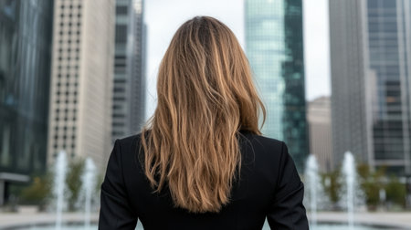 business woman with long wavy hair in cityの素材
