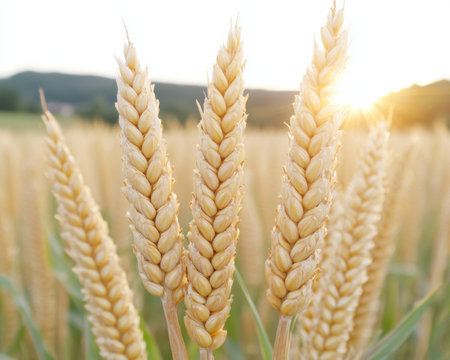 golden wheat field at sunsetの素材