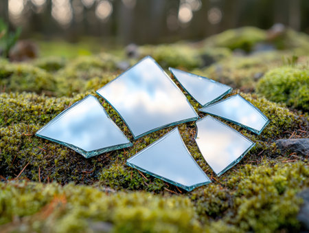 Broken mirror reflecting natureの素材