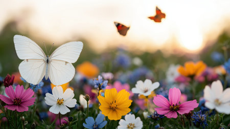 Colorful flowers and butterflies in a field at sunsetの素材
