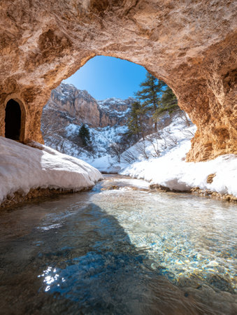 Snowy mountain landscape with frozen stream flowing through caveの素材