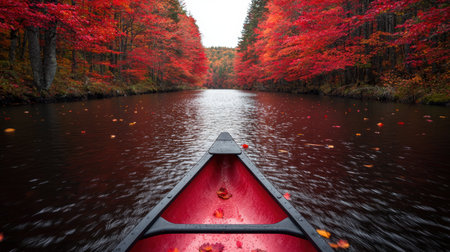 Vibrant autumn foliage reflected in a serene riverの素材