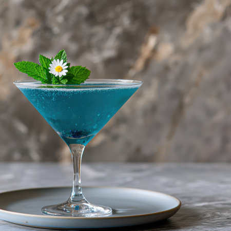 Refreshing blue cocktail with mint and daisy flowerの素材