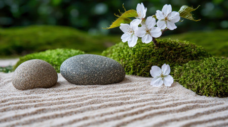 Zen garden with white flowers and moss-covered rocksの素材