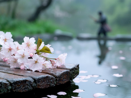 Serene spring scene with cherry blossoms and reflectionの素材