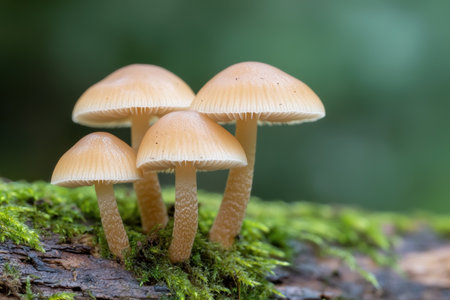 Delicate mushrooms growing on moss-covered logの素材