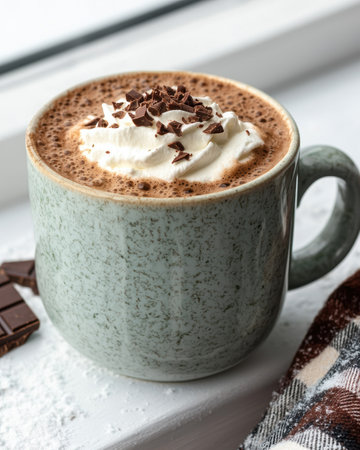 Delicious hot chocolate with whipped cream and chocolate shavingsの素材
