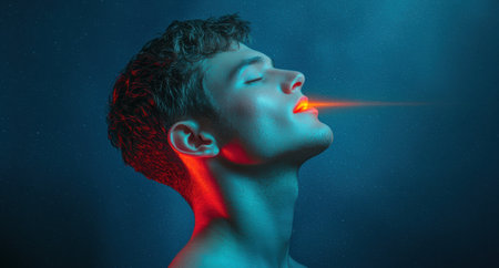 Surreal portrait of a person with glowing skin and vibrant lightingの素材