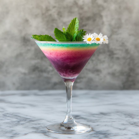 Colorful layered cocktail with mint and daisiesの素材