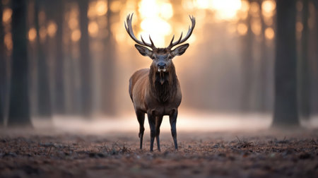 majestic deer standing in forest at sunsetの素材