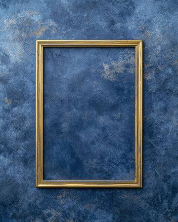 empty golden frame on blue textured backgroundの素材