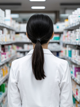 woman in white lab coat standing in pharmacy aisleの素材