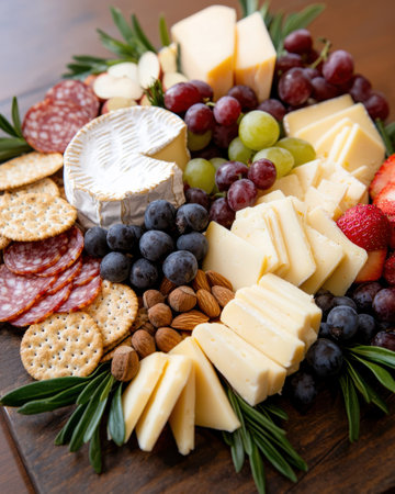Delicious cheese and charcuterie platter with fresh fruit and nutsの素材