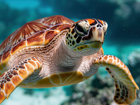 Vibrant sea turtle swimming in the oceanの素材
