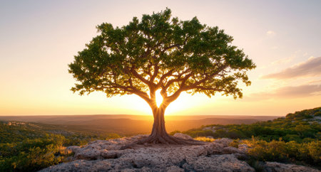 Majestic tree silhouetted against a vibrant sunset landscapeの素材