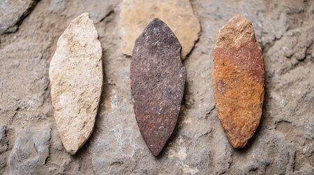 ancient stone tools on rocky surfaceの素材