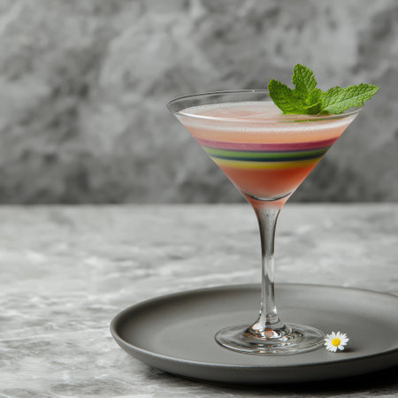 Colorful layered cocktail with mint garnishの素材