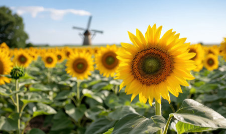 Vibrant sunflower field with windmill in the backgroundの素材