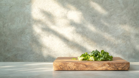 fresh green salad leaves on wooden cutting boardの素材