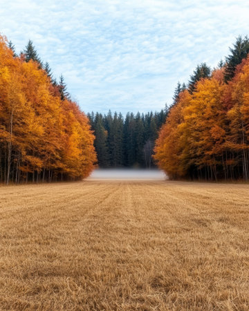 Vibrant autumn forest surrounding a golden wheat fieldの素材