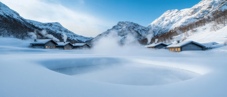 Serene winter landscape with snow-capped mountains and cozy cabinsの素材